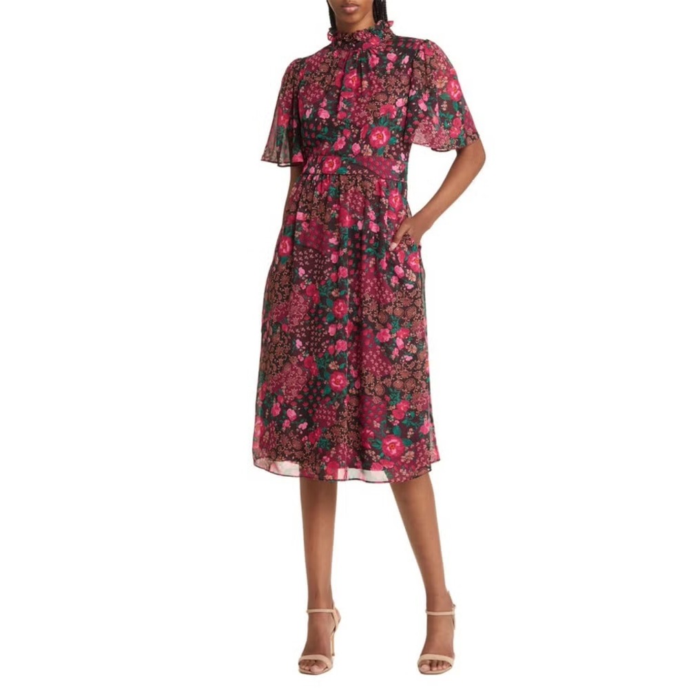 Julia Jordan Purple Floral Mock Neck Midi Dress Size 4